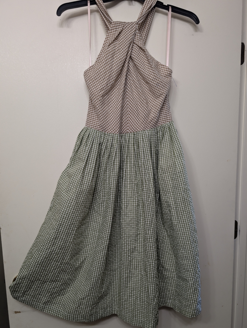 Gal Meets Glam Alma Gingham Halter Midi Dress Green & Brown Sz 4